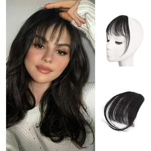BARSDAR Real Human Hair Clip in Bangs - 100% Human Hair Clip in Bangs for Women - Natural Black Wispy Bangs Extensions Fringe with Temples Real Hair Bangs Hairpieces - Natural Black