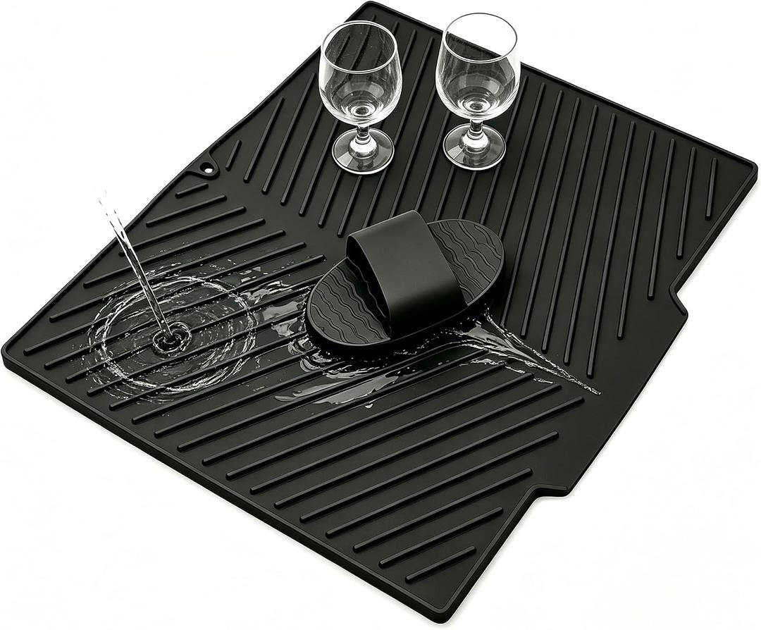 Silicone Dish Drying Mat Set： Non-Slip Drain Pad, Dish Drying Pad,Used for Kitchen Mat，Under Sink Mat Or Drawer Liners；Hanging Large Silicone Mat (17" X 13", Black)