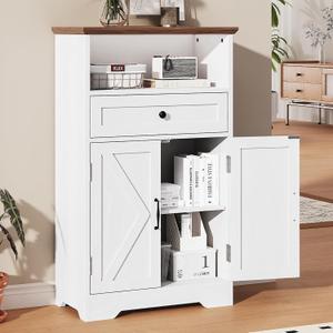 Floor Cabinet, Farmhouse Storage Cabinet with Barn Doors and Drawer, Freestanding Adjustable Shelf Organizer for Bathroom, Kitchen, Living Room White