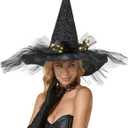 Halloween Witch Hat-Classic Black Felt Hat for Women, Girls, Party Costume Accessory(LED Glowing & Classic Versions) (Black With Chiffon-with Lights)