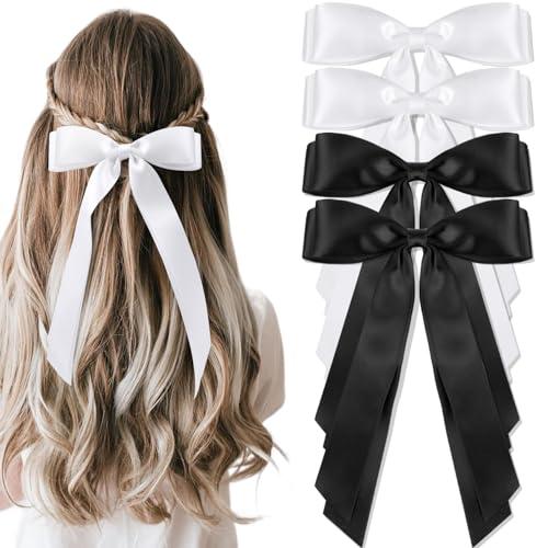 vivinin 4pcs Solid Silky Satin Hair Accessories: Bows with Long Tails, Daily Wear Clips for Women and Girls, White and Black Gifts