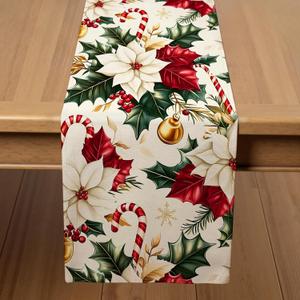 Christmas Table Runner with Holly, Poinsettias & Candy Canes, Table Decoration for Dining Party and Home Decor,108x13 inches, Holly