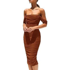 PRETTYGARDEN Summer Off The Shoulder Ruched Bodycon Dresses Sleeveless Sexy Party Club Midi Dress, M