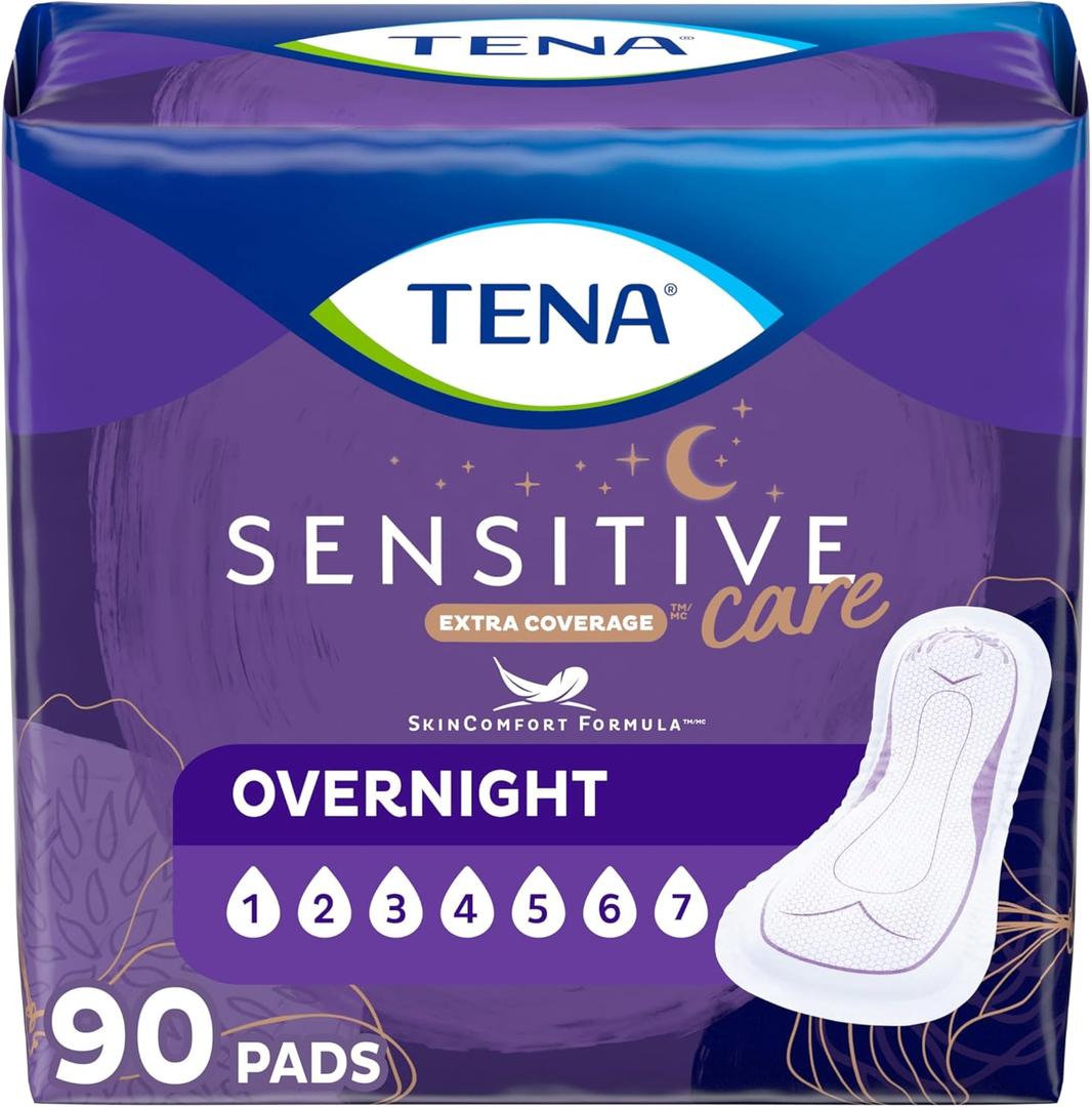 TENA Sensitive Care Incontinence Pads, Bladder Control & Postpartum for Women, Overnight Absorbency, Extra Coverage - 90 Count