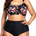Daci Women Plus Size Two Piece Swimsuit - High Waisted Bikini Tummy Control Bathing Suit Bandeau Swimwear (XX-Large, Black and Flower)