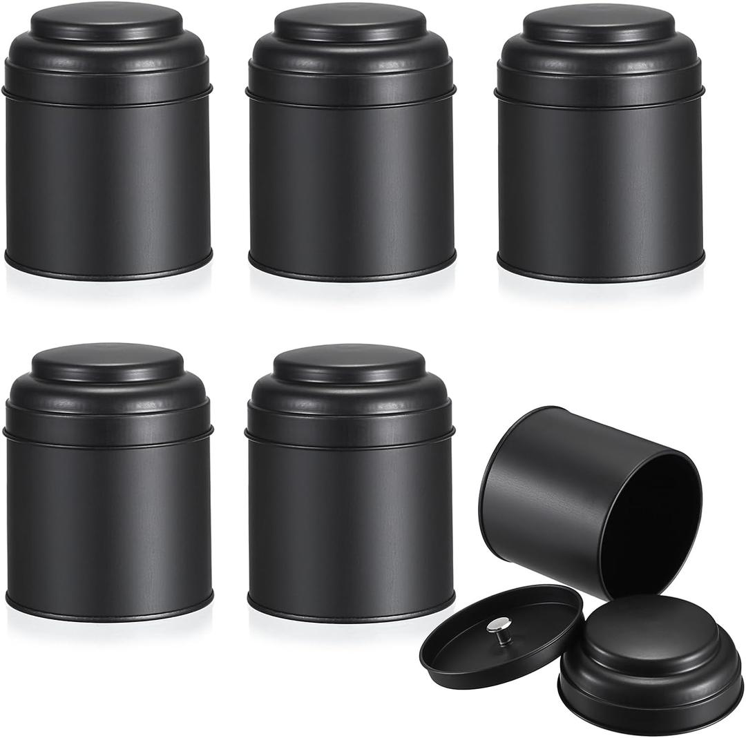 JUXYES 6 Pack Tea Tins Canister with Airtight Double Lids, 8 fl oz Loose Leaf Tea Storage Airtight Kitchen Canisters Tins Can Box for Storage Loose Tea Coffee Herbs and Spices, Black