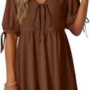Dokotoo Chocolate Brown Summer Clothes Women's Summer Short Sleeve Tie Front Empire Waist A-Line Babydoll Loose Cute Mini Dress Coffee X-Large