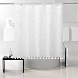 Boho Woven Fabric Short Shower Curtain - White Tassel, 72 x 66, Modern Farmhouse Textured Tufted Chevron Striped Minimalist