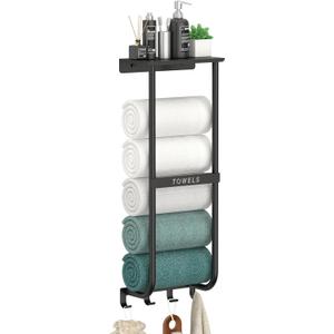 Rxvotocr Towel Rack for Bathroom, Black Metal Wall Mounted Towel Holder with Shelf and 4 Hooks, Bathroom Towel Storage Organizer