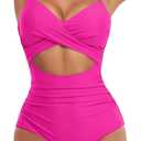 Eomenie Women's One Piece Swimsuits Tummy Control Cutout High Waisted Bathing Suit Wrap Tie Back 1 Piece Swimsuit (Hot Pink) S