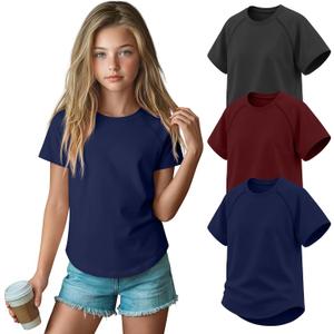 3 Pack Girls' Short Sleeve T-Shirts Loose Fit Crew Neck Tops Raglan Curve Hem Shirts Casual Kids Basic Tees 5-14Y