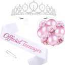 Official Teenager Sash and Rhinestone Tiara Kit, Pink Letter White Birthday Sash Balloons Crystal Silver Tiara Crown for Girl 13th Birthday Gift Ideas Party Decorations