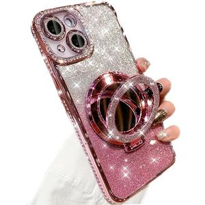 for iPhone 15 Plus Case Magnetic KickStand, [Compatible with Magsafe] Shockproof Glitter Makeup Mirror Ring Holder Camera Lens Protector Girly Cute Bling Phone Cover for iPhone 15 Plus (Pink)