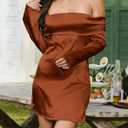 HYPERFIRE Women's Elegant Satin Off The Shoulder Long Sleeve Mini Dress Tie Back Wedding Cocktail Dresses (Brown)