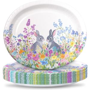 YY 12" Easter Oval Paper Plates Set 50 Count Large Party Buffet Plates Disposable