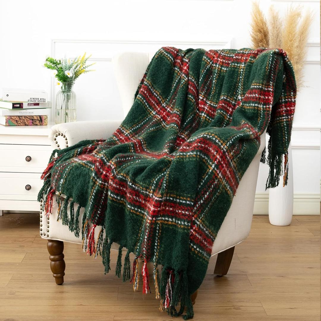 LALIFIT Plaid Throw Blanket with Fringes Green Red Christmas Home Decor Blankets Super Soft Cashmere Blanket for Couch Sofa Farmhouse Halloween etc 50" x 60" Inches(Green Plaid)