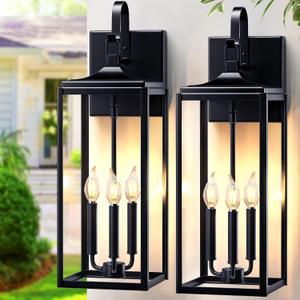 24" Extra Large Outdoor Wall Light 2 Packs, Black Exterior Lighting Fixtures Outdoor Porch Lantern Wall Mounted, Waterproof Modern Outside Wall Sconce, E12 3-Light Coach Lamp for House Patio Garage, 24''-No Sensor-2pcs