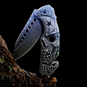 Pocket Knife, Cool SKULL Pocket Folding Knife with Seatbelt cutter & Window Breaker, Great festival Christmas Gift EDC knife For Men Outdoor Survival Camping (Stone-wash)