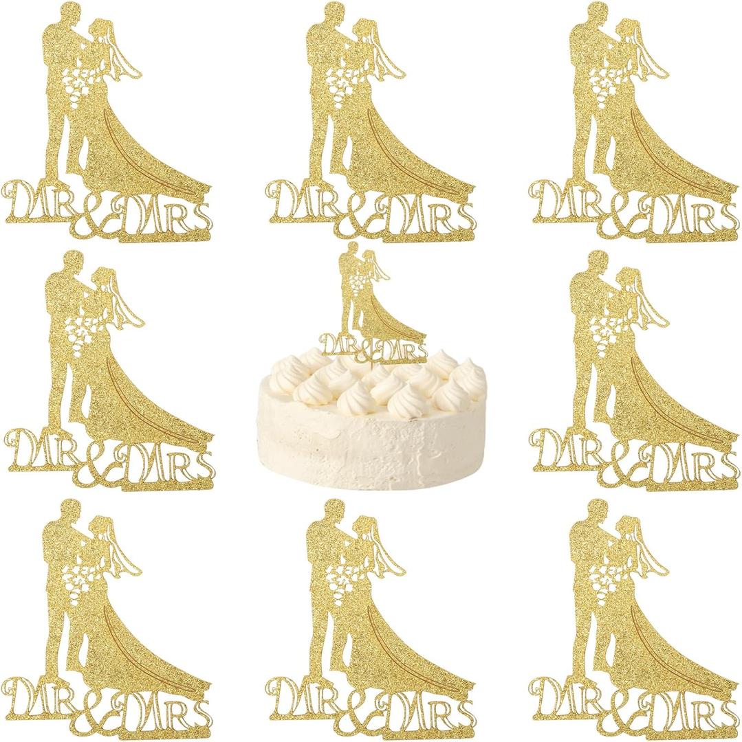 2 x Wedding Mr & Mrs Cake Toppers Picks -10Sheets Golden Glitter Bride and Groom Cake Toppers Custom Wedding Cupcake Toppers Funny Bride and Groom Anniversary Party Cake Decoration Supplies (golden)