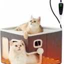 ZOMISIA Heated Cat House for Indoor Cats - Cat Warming Bed for Winter with Fluffy Ball Hanging and Adjustable Heating Pad, Foldable Cat Hideaway,16.5x16.5x13 inches, Grey