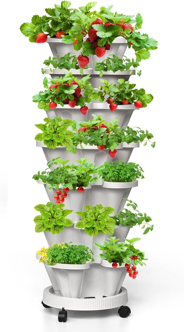 Strawberry Vertical Planter Tower Garden, 7 Tiered Stackable Planter Herb Garden Planter with Movable Casters and Bottom Saucer Indoor and Outdoor - White