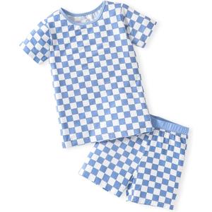 OPAWO Bamboo Pajamas Toddler Boy Clothes Checkered Tee and Shorts 2 Piece Summer Bamboo Baby Pajamas Sleepwear Pjs Set (4T, Blue)