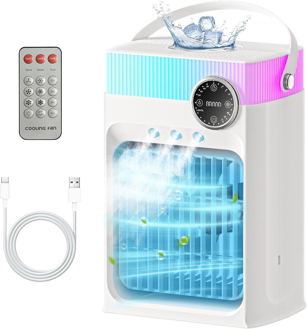 Portable Air Conditioners, Mini AC Unit Cooling Fan for Bedroom,1200ML Small Air Cooler Fans with Remote, 3 Mist,3 Speed,8 Light,2-8H Timer Personal AC Portable for Office Camping Car Desk(White)