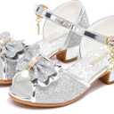 Sandals for Girls High Heel Wedding Princess Size 10 Little Girl Violet Toddler Kids Sequin Dress Rhinestone Shoes Knot (Sliver 9.)