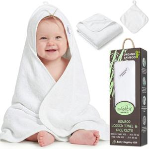 Organic Bamboo Hooded Baby Towels with Washcloths  1 Hooded Towel (30x30 inches) & 1 Washcloth (10x10 inches)  Ultra Soft, Absorbent & Cozy Bath Towels Set for Newborns and Infants