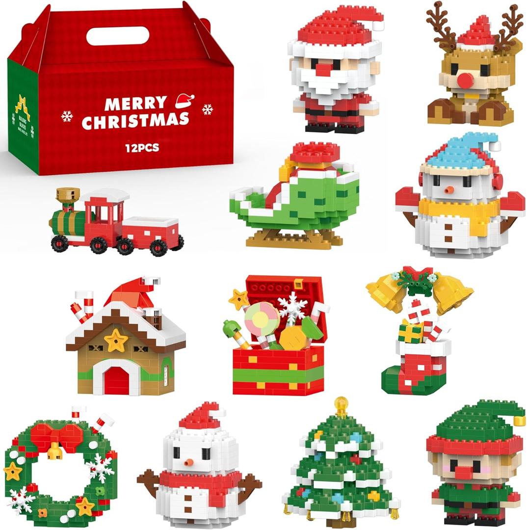 12 in 1 Christmas Micro Building Blocks Set, Santa Claus Reindeer Snowman Tree Mini Building Toys, Christmas Stocking Stuffers, Fun Family Christmas Birthday Gift Idea (Red)