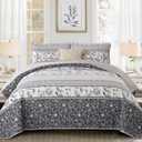 WONGS BEDDING Boho Floral Quilt Set King Size, Grey Striped Patchwork Bedspread Coverlet Set, Soft Farmhouse Floral Bedding Set for All Season (104"x90")