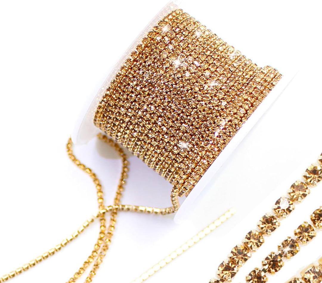 PEARLY JUN 10 Yards Gold Rhinestone Chain L.C.TOPZA Rhinestone Trim Crystal Artificial Stone Trim Cup Chain SS6 2mm Color Plated Cup Stitch Costume Decoration