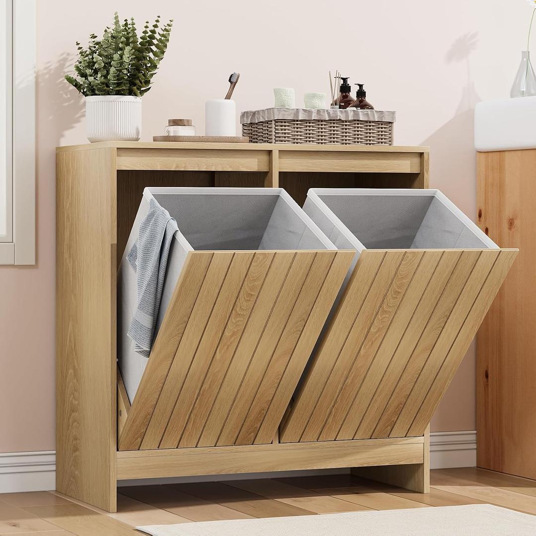 Smuxee Double Tilt Out Laundry Hamper Cabinet, Hidden Laundry Cabinet with Double Baskets, Natural Trash Can for Bathroom, Kitchen, Living Room, 13"D x 26"W x 27.7"H