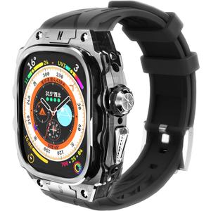 Luxury Translucent Smartwatch Case for Apple Watch Ultra 1/2 49mm, Fully Wrapped Lightweight Rugged case with Band, Silicon Strap, Stainless Steel Buttons, Protective Cover for Men/Women (Black)
