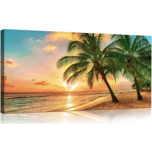 Beach Wall Art for Living Room Ocean Canvas Wall Decor for Home Tropical Palm Tree Picture for Wall Coastal Painting for Bedroom Gold Sunset Art Print for Bathroom Office Decoration (40"L x 20"W)