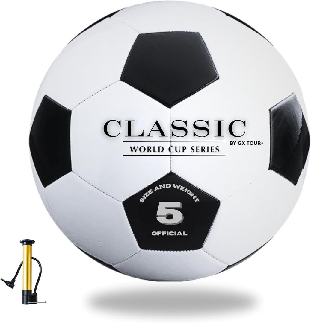 Classic World Cup Series Soccer Ball Size 5  Retro Black & White Design,Durable Synthetic Leather for Training, Matches & Recreational Play  Classic Look for Youth & Adults of All Skill Levels
