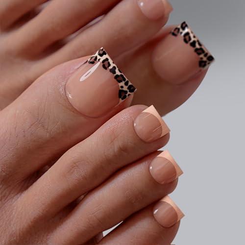 BTArtbox Press On Toenails - Lamp-Curable Real Square French Tip Toe Nail Press Ons with Glue for Women, Semi-Transparent Fake Toe Nail Tips in 15 Sizes - 30 Toenails Kit, Leopard