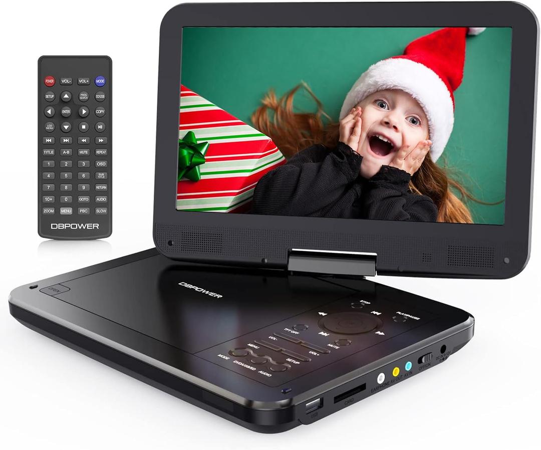 DBPOWER 12" Portable DVD Player with 5-Hour Rechargeable Battery, 10" Swivel Display Screen and SD/USB Port, with 1.8m Car Charger, Power Adaptor and Car Headrest Mount, Region Free (Black)