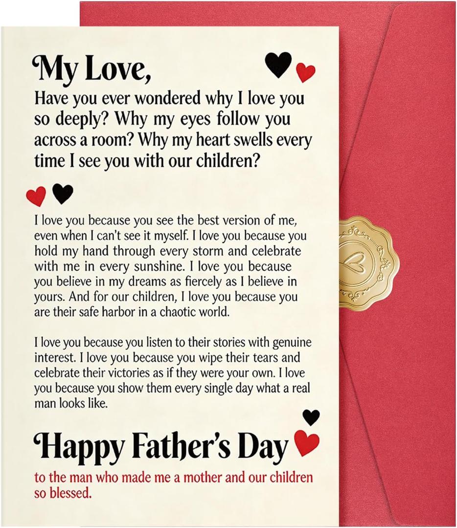 3 x Romantic Fathers Day Card Gifts to Husband, Funny Father's Day Card from Wife, 5.3x8 Folded with Envelope and Gold Sticker Happy Fathers Day Decorations