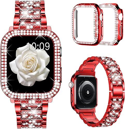 Mosonio Compatible with Apple Watch Band 38mm 40mm 41mm 42mm 44mm 45mm 46mm 49mm with 2 Pack Case Women, Jewelry Replacement Metal Bands Strap with Bling PC Protective Case for iWatch Ultra SE Series 11/10/9/8/7/6/5/4/3/2/1 Red