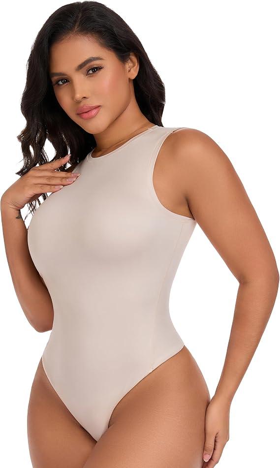 TROPICA LOVE Women's Shapewear Bodysuit Double Lined Tummy Control Compression Body Shaper Crew Neck Sleeveless Thong Top, XL