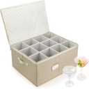LotFancy Stemware Storage Container, Hard Shell, Large Wine Glass Storage Box for Moving, Stackable, Foldable, Crystal Glassware, Drinkware Case with Dividers & Handles, 21x15.5x10, Beige