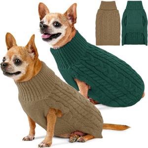 2 Pack Dog Sweaters for Small Dogs Turtleneck Pullover Cable Knit Puppy Stretch Clothes Chihuahua Yorkie Pomeranian Toy Poodle Boy Girl Pets Winter Doggie Clothes (XS, Green & Brown)