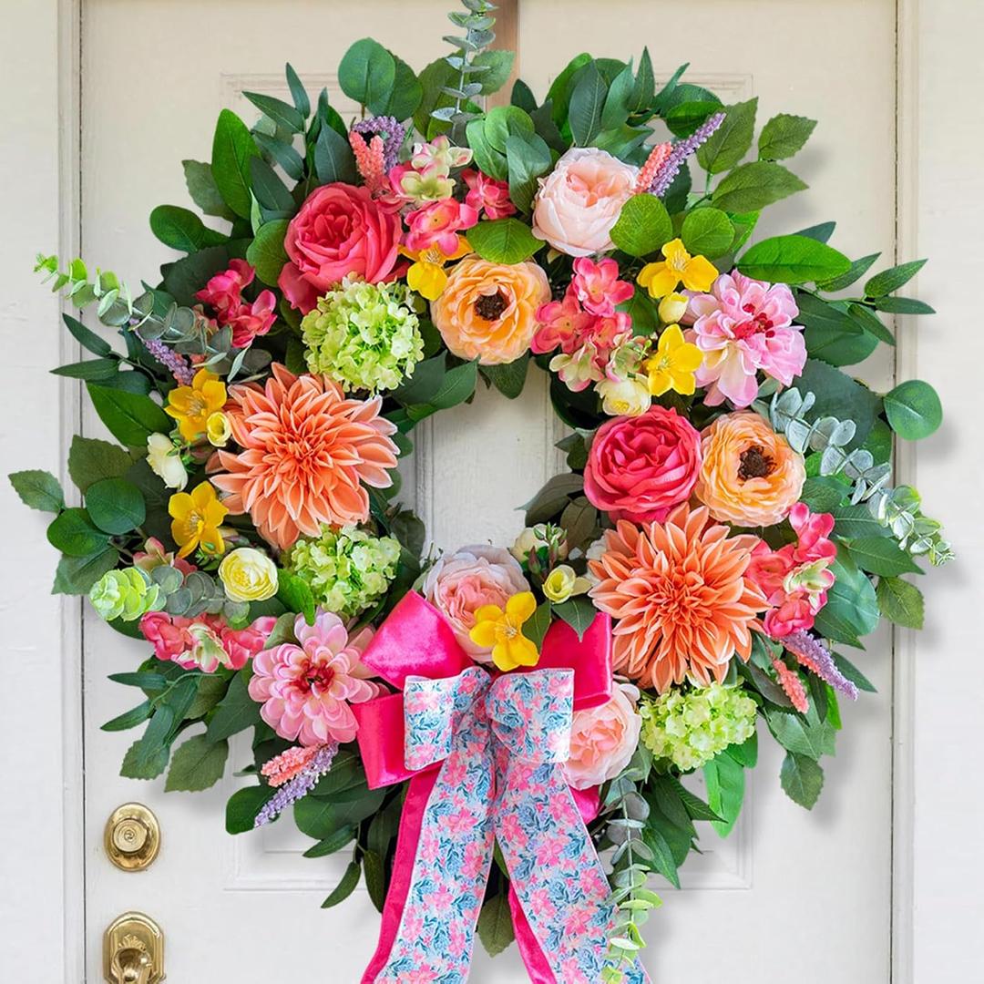 Spring Wreaths for Front Door 24 Inch Outdoor Spring Wreath with Pink Bow Handmade Peach Dahlia & Garden Rose Summer Wreaths for Front Door,Farmhouse Home,Porch,Wall,Window Decor