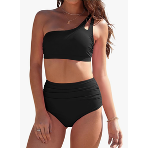 Buauty Women's Bikini Swimsuits Two Piece Bathing Suit with One Shoulder Top and High Waisted Tummy Control Bikini Bottom, L