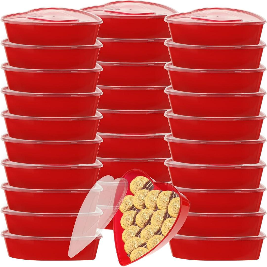 30Pcs Valentine's Day Heart Shaped Container Box, Reusable 16.9 Oz Red Heart Shaped Food Storage Containers Dessert Box with Lids for Valentine's Day Wedding Party Supplies Fruit Vegetable Dessert