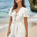Cicy Bell Womens Cute Rompers Bow Front Puff Sleeve V Neck Short Jumpsuits Sexy Summer Outfits with Pockets (White, XXL)
