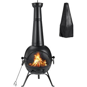 SINGLYFIRE Prairie Fire Outdoor Chiminea Fireplace Deck or Patio Backyard Wooden Fire Pit with Chiminea Cover Rust-Free Iron Black