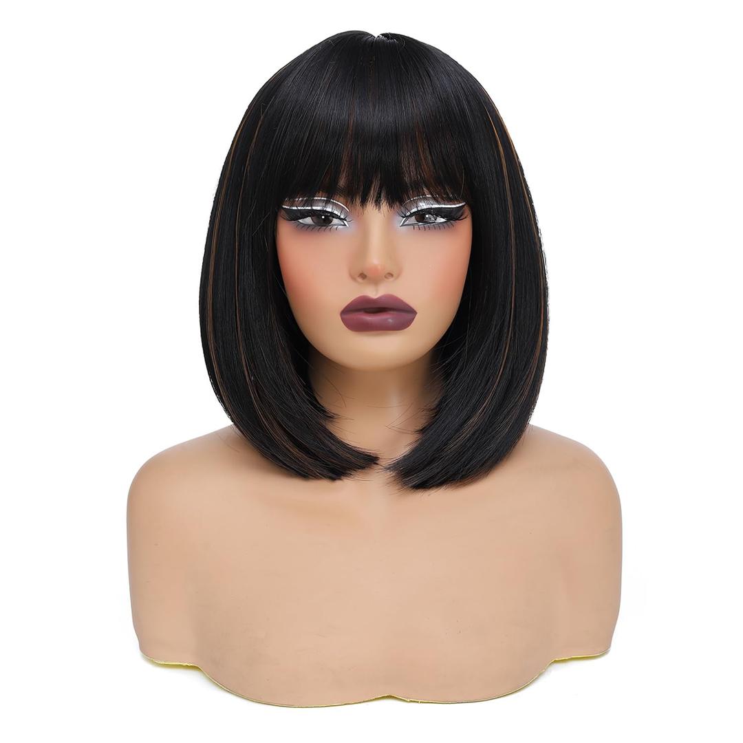 Black Mix Brown Bob Wig with Bangs for Women Natural Looking Heat Resistant Synthetic Wig for Party Daily Cosplay Costume Wig Use 12 Inch