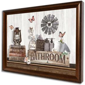 Framed Retro Brown Rustic Farmhouse Bathroom Wall Art Vintage Country Style Bath Decor Canvas Prints with Butterflies Windmill Poster Pictures for Restroom Toilet Washroom Ready to Hang